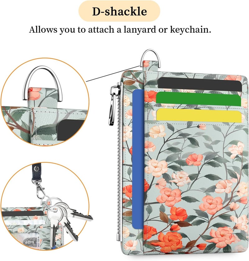 Hancynir Slim Wallet Women Credit Card Holder Floral Flower RFID Blocking Small Cute Card Wallets Mini Front Pocket PU Leather Card Case Thin Travel Zipper Coin Cash Ladies Female Wallet Gifts - Image 4